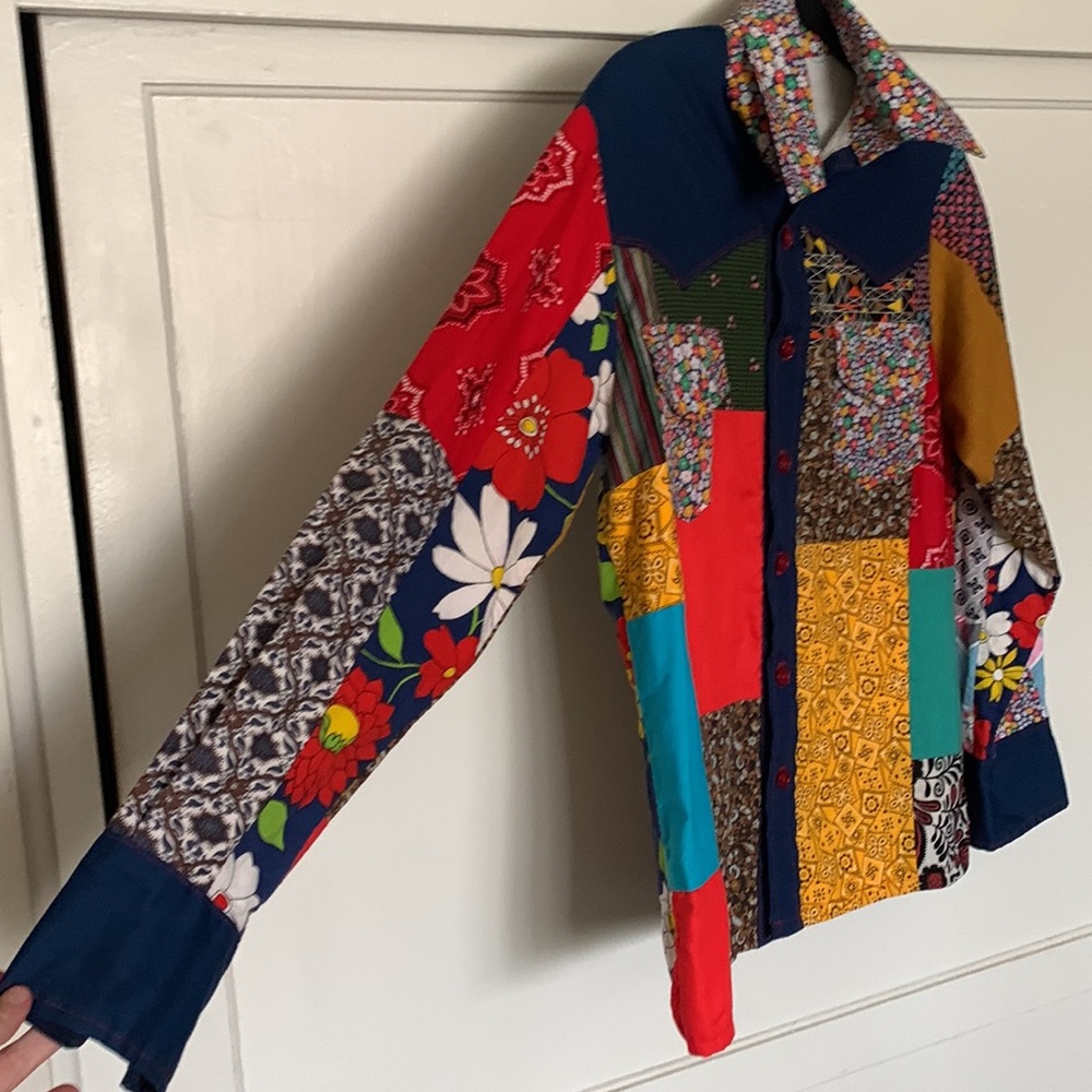 Vintage bandana and assorted pattern patchwork western style button up shirt